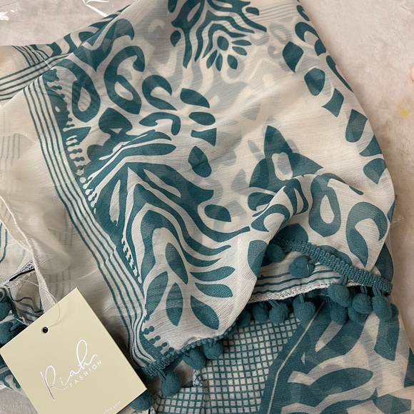 BOHO TEAL BLUE PRINT KIMONO/ COVER UP WITH POM POM DETAILING - Picture 8 of 10